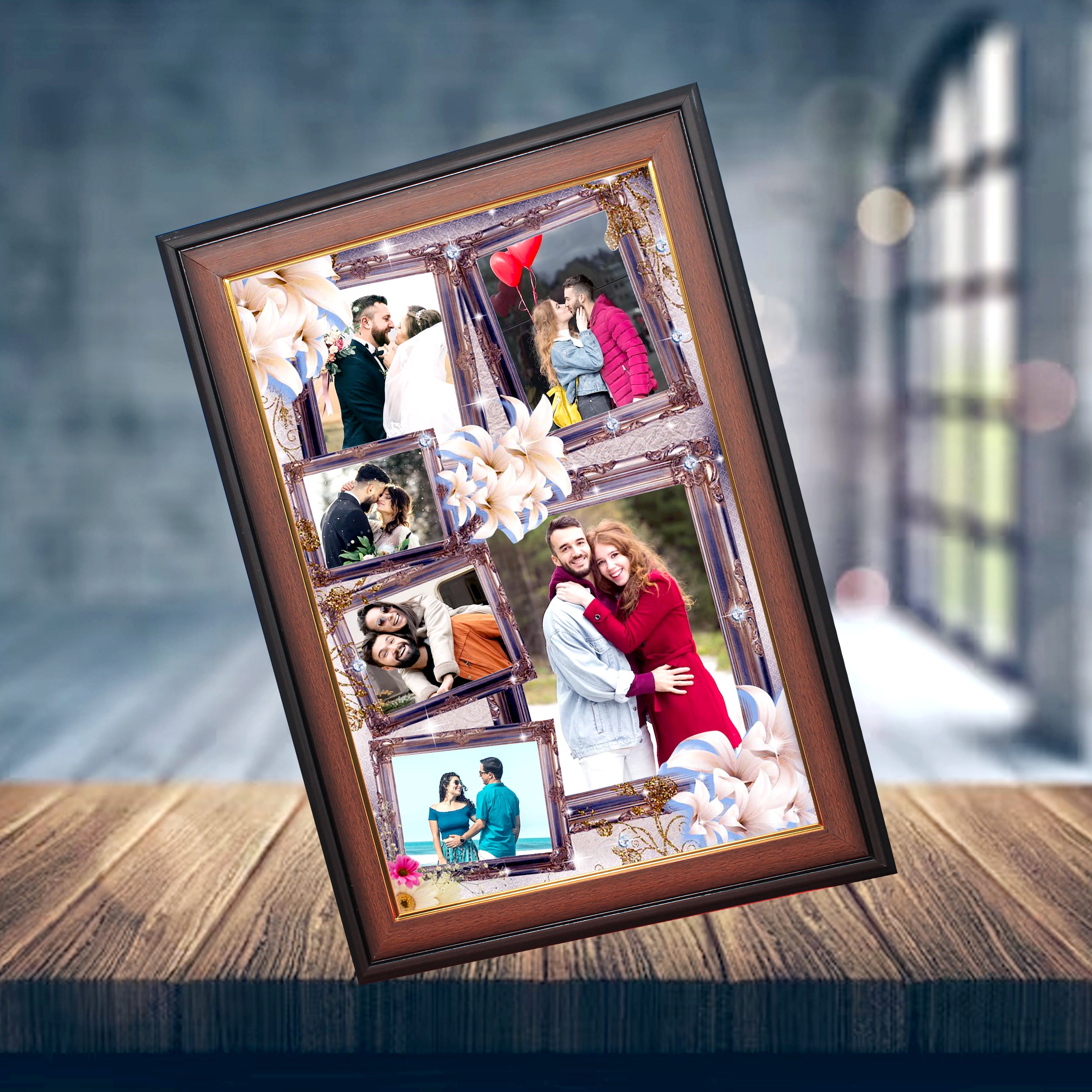 Multi-Image Floral Photo Frame – Wooden Finish