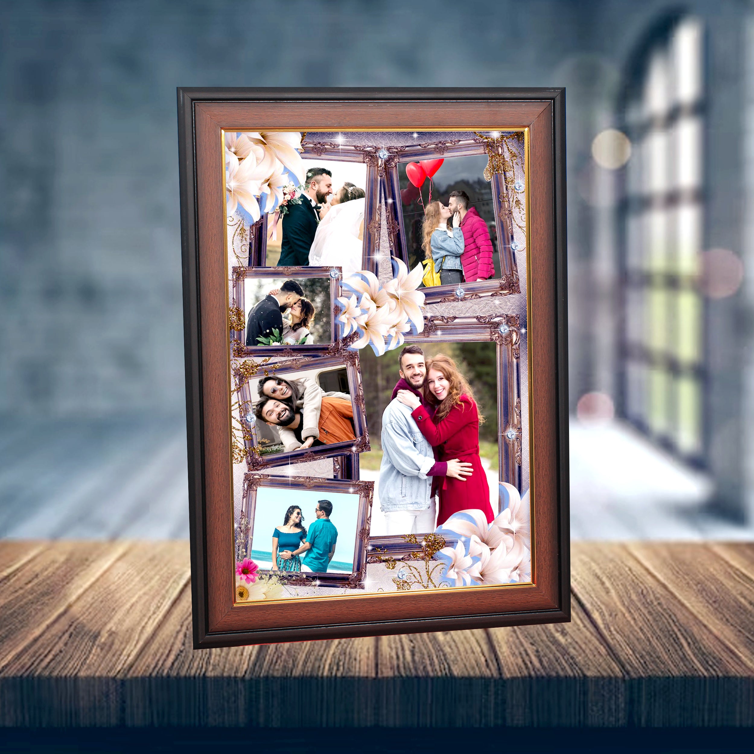 Multi-Image Floral Photo Frame – Wooden Finish