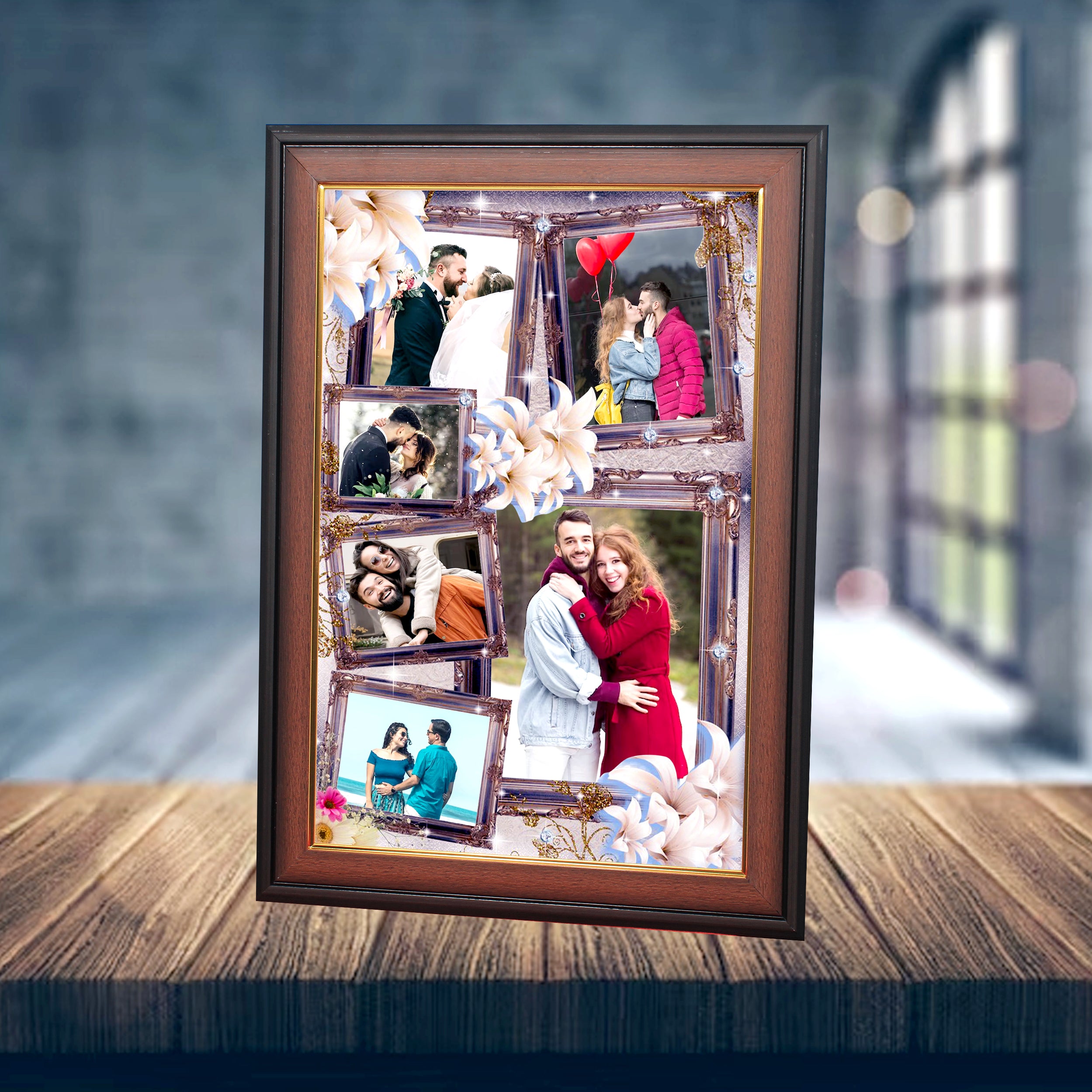 Multi-Image Floral Photo Frame – Wooden Finish
